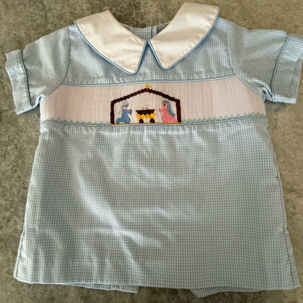 Blue Gingham Peter Pan Collared shirt with Embroidered Detail